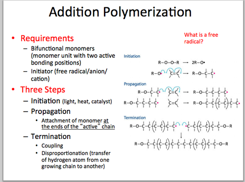 <ol><li><p>Initiation -The reaction starts with the decomposition of the peroxide.</p></li><li><p>Propagation -The resulting radicals add to molecules of chloroethene to make new radicals. As more chloroethene molecules add on to one at a time, the chain continues to grow</p></li><li><p>Termination</p></li></ol><ul><li><p>occurs when, for example, any two radicals react with each other.</p></li></ul>
