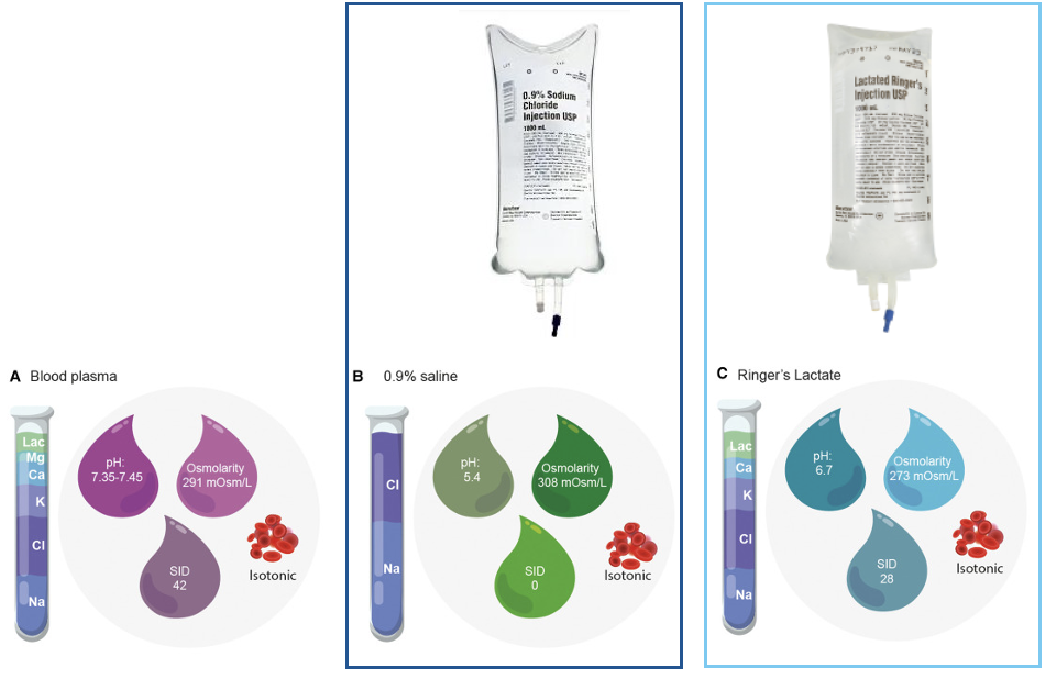 <ul><li><p><strong>Fluid Challenge</strong>: 500 to 1,000 mL bolus of isotonic crystalloid</p><ul><li><p>One-time bolus to see how the patient does…</p></li></ul></li><li><p><strong>Aggressive Fluid Resuscitation</strong>: <mark data-color="yellow" style="background-color: yellow; color: inherit">30 mL/kg (using IDEAL body weight)</mark></p><ul><li><p>Long continuous bolus</p></li></ul></li><li><p><strong>Crystalloids for IV treatment of shock</strong>: (they’re more acidic!)</p><ul><li><p>0.9% saline (Normal Saline Solution)—super cheap!</p></li><li><p>Lactated Ringer’s (closely mirrors regular blood plasma)—more $$</p></li></ul></li></ul><p><strong>*Rule of Thumb</strong>: The best fluid is the fluid that’s readily available!</p><p></p>