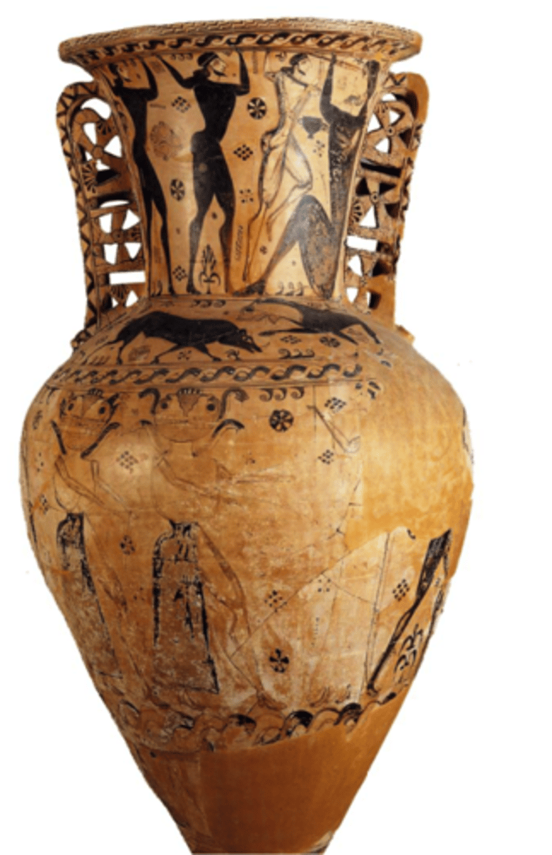 <p>Who The Protoattic Amphora from Eleusis was created by an unknown artist from the ancient Greek city-state of Corinth1.</p><p>What The Protoattic Amphora from Eleusis is an ancient Greek neck amphora, now in the Archaeological Museum of Eleusis1. It is decorated with black and white painted figures on a light-colored background, which is characteristic of the "Black and White" style commonly seen in Middle Protoattic pottery1. The amphora's decoration reflects the pottery of the Orientalizing period (ca. 710-600 BCE)1, a style in which human and animal figures depict mythological scenes1.</p><p>Where The Protoattic Amphora from Eleusis was found at Eleusis and is now housed in the Archaeological Museum of Eleusis1.</p><p>When The Protoattic Amphora from Eleusis dates back to the Middle Protoattic period (ca. 650-625 BCE)1.</p><p>Why The Protoattic Amphora from Eleusis is interesting and important for several reasons:</p><p>Artistic Significance: The amphora is a prime example of Protoattic Oriental period Greek pottery2. Though the large 650 BCE black and white figure vessel is greatly damaged, the visible narratives show us an important development in style2.</p><p>Cultural Significance: The amphora shows some of the earliest artistic depictions of Greek mythology. On the neck of the vase, the figures depict Odysseus and his men blinding the cyclops Polyphemus1. The register just below the neck shows a lion chasing a boar. Although it is hard to see because the amphora was found in pieces and then reconstructed, the central register shows Athena and Perseus escaping after Perseus beheads Medusa1.</p><p>Historical Significance: The size and shape of the amphora, as well as the fact that it is highly decorated, indicate that it was created as a tomb marker or monument1. However, the remains of a 10-12-year-old boy were found inside the amphora1, meaning that it was ultimately used as an urn. This type of urn burial was commonly used to bury the remains of children from the Iron Age (1100-900 BCE) to the Archaic period (600-500 BCE)1.</p>