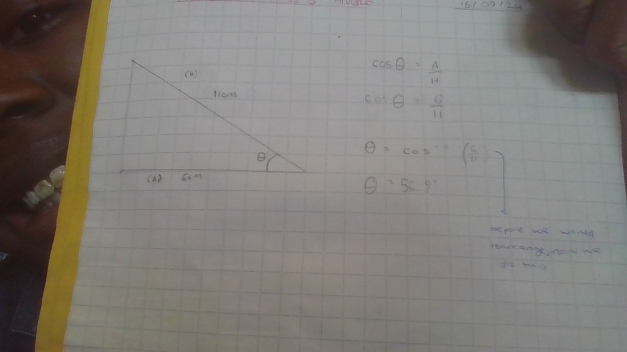 <ol><li><p>sin θ = O/H // cos θ = A/H // tan θ = O/A </p></li><li><p>use sin/tan/cos<sup>-1</sup></p></li></ol><p></p>