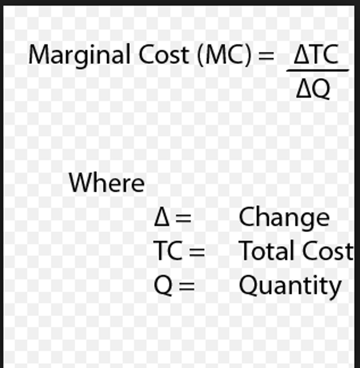 <p>The additional cost associated with one more unit of<br>an activity. For production, it is the change in total cost due to the<br>production of one more unit of output</p>