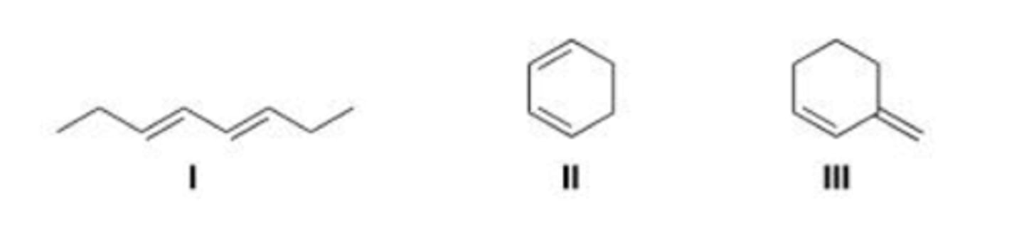 <p>Rank the following dienes in order of increasing reactivity in a Diels-Alder reaction, listing the least reactive first.</p>