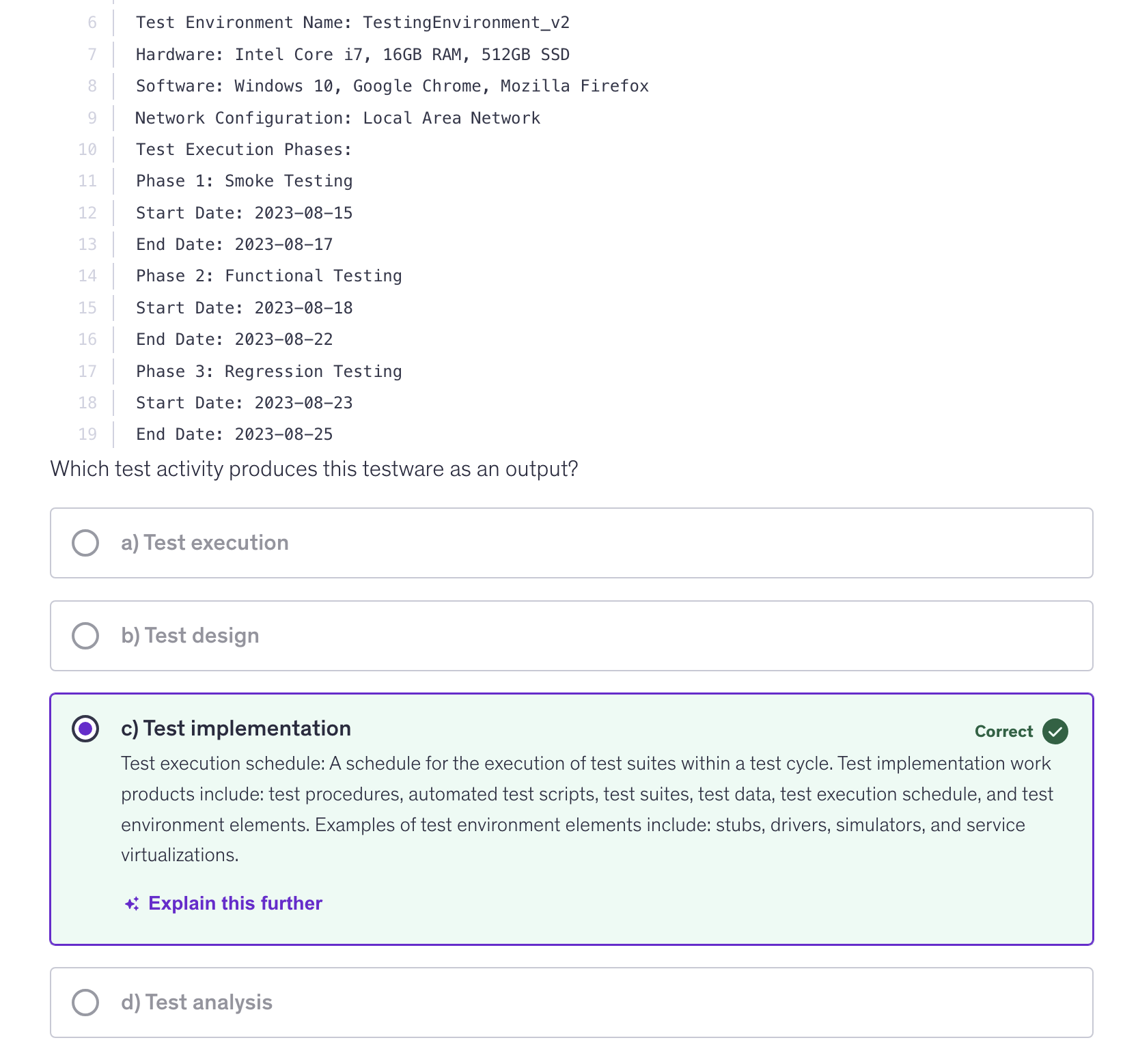 <p>c) Test implementation</p>