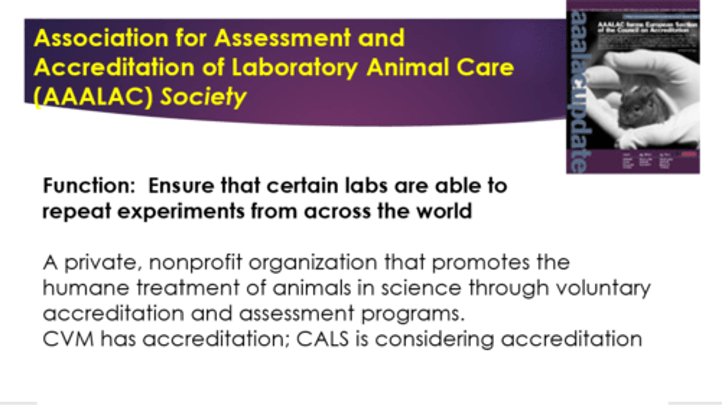 <p>Promotes humane treatment of animals in science through a voluntary accreditation program.</p>