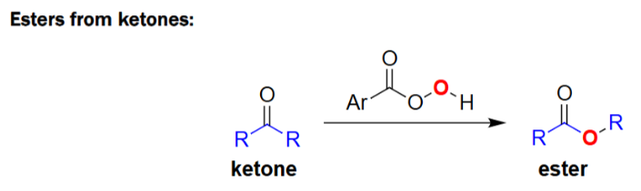 <ul><li><p>Converts ketones → esters by inserting an oxygen next to the carbonyl.</p></li><li><p>Uses a peracid (ArCO₃H) as the oxidizing reagent.</p></li><li><p>Migrating group (R) shifts onto the peroxide oxygen during reaction.</p></li><li><p>Follows migratory aptitude: tertiary > secondary > phenyl > primary > methyl.</p></li></ul><p></p>
