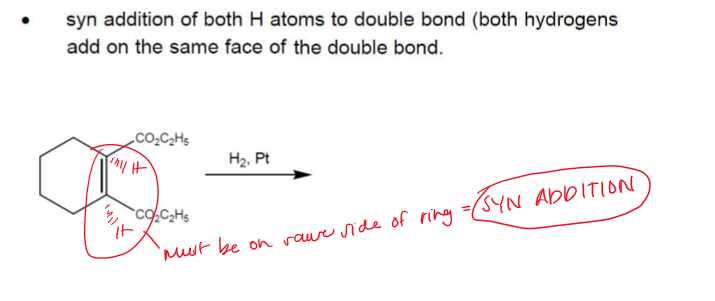 <p>Hydrogenation is <strong>stereoselective</strong>, corresponding to addition to the less crowded face of the double bond</p>