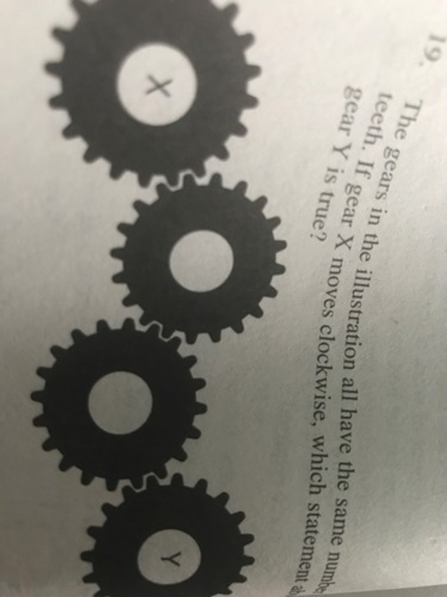 <p>The gears in the illustration all have the same number of teeth. If gear X moves clockwise, which statement about gear Y is true?</p>