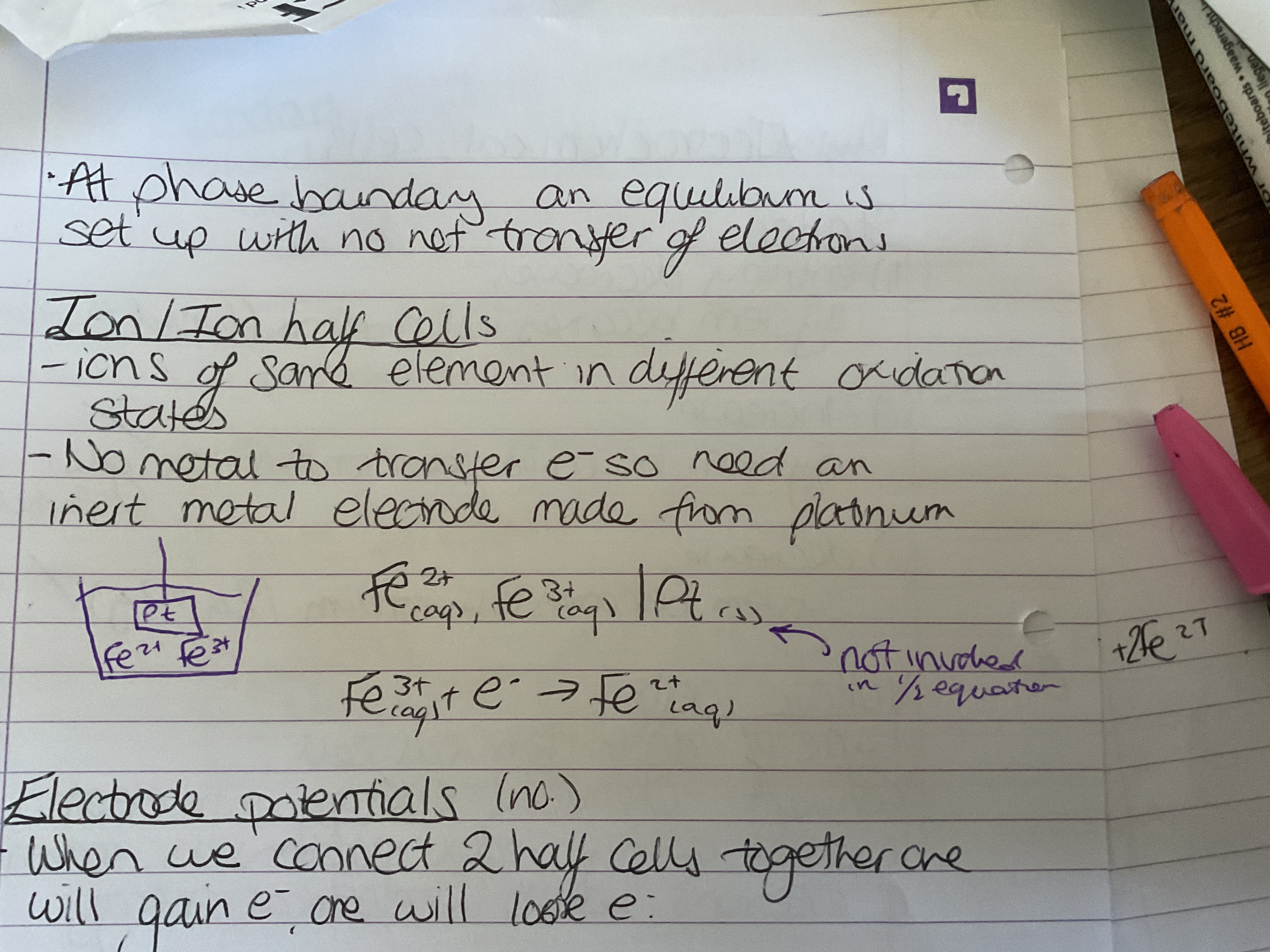<p>Ions of the same element in different oxidation states, there’s no metal to transfer electrons so need an inert metal electrode made from platinum</p>