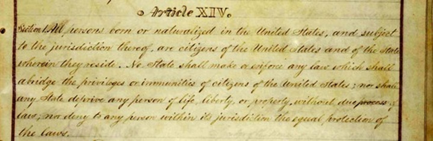 <p>(1868) Provided equal protection of the law to freed slaves. Representation for any state that withheld voting from African Americans would be reduced.</p>