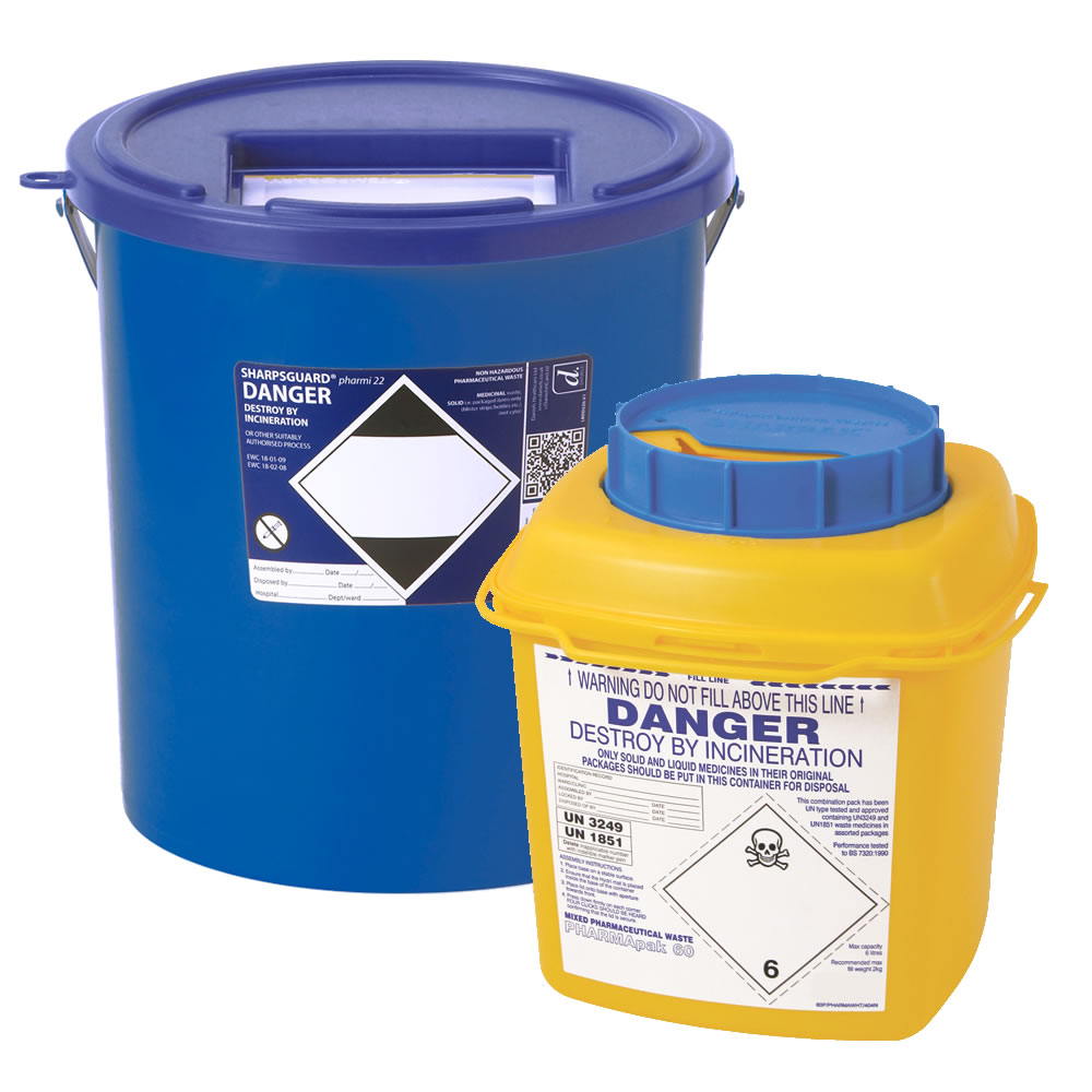 <ul><li><p>Waste including: Empty bottles, syringes, whole drugs, denatured controlled drugs</p></li><li><p>Internal disposal → Blue topped bin</p></li><li><p>External disposal → High temperature incineration  </p></li></ul><p></p>