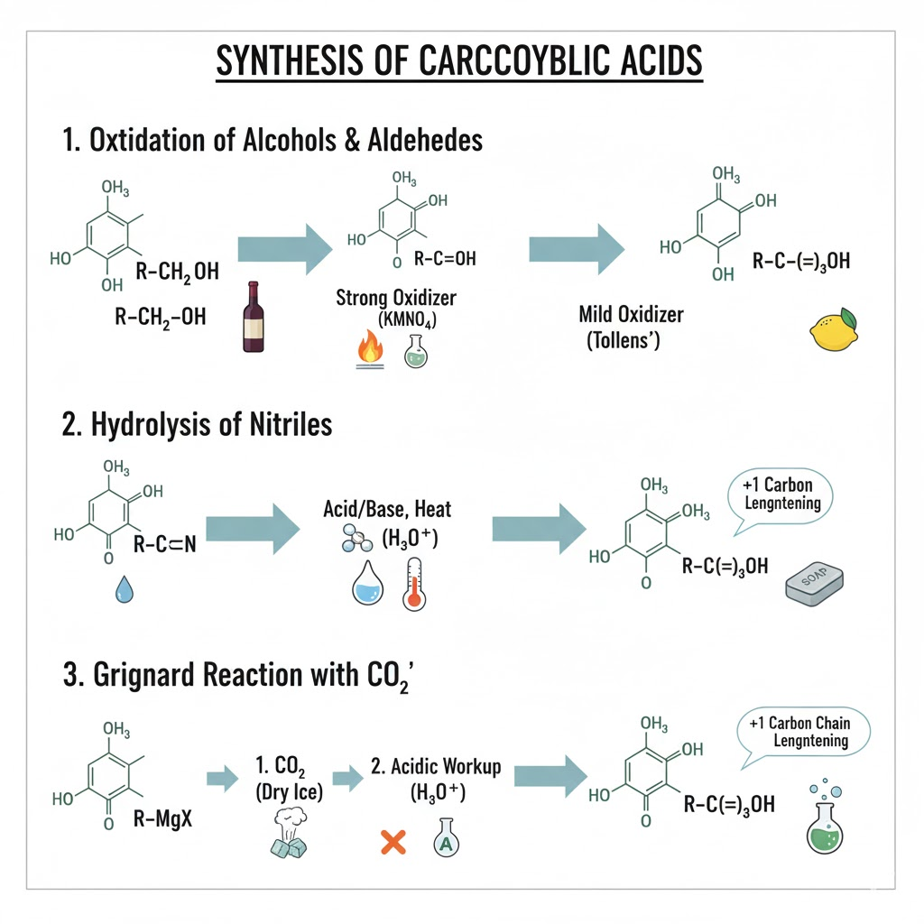<ol><li><p>Take a primary alcohol/aldehyde and Jones it (H2CrO4 H2O)</p></li><li><p>Add CO2 to grinard reagent, then acid workup</p></li><li><p>Take a nitrile CtriplebondN, hydrolysis with acid catalyst, so H2SO4, H2O, Heat to create carboxylic acid and amine. (NH3 if base, NH4+ if acid)</p><p></p></li></ol><p></p>