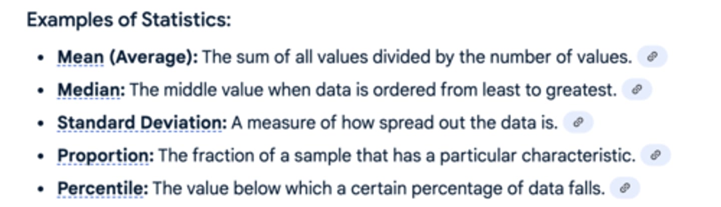 <p>number that is computed from sample data often used to estimate unknown</p>