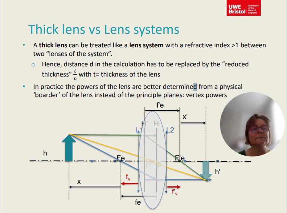 <p>Thick Lens vs Lens Systems</p><ul><li><p>A thick lens can be treated like a lens system with a refractive index &gt;1 between two “lenses of the system”.</p><ul><li><p>Hence, distance d in the calculation has to be replaced by the “reduced thickness” 𝑡 / 𝑛 with t= thickness of the lens</p></li></ul></li><li><p>In practice the powers of the lens are better determined from a physical ‘boarder’ of the lens instead of the principle planes: vertex powers</p></li></ul><p>Distance (d) in the calculation has to be replaced by the ________ t / n with t = thickness of the lens.</p>