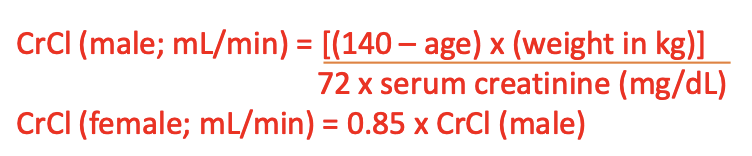 <ul><li><p>usually cap GFR at <strong><u>125 mL/min</u></strong> with normal renal function <strong><u>(max dosing)</u></strong></p></li><li><p>pts with abnormally low serum creatinine (Cr), including <strong>elderly or cachectic pts</strong> —&gt; considering using a <strong>minimum CrCl of 0.7 mg/dL</strong> to <u>avoid overestimation of CrCl</u></p></li><li><p>overweight or obese patients</p><ul><li><p><strong>BMI ≥ 25kg/m<sup>2</sup> </strong>- Recommend using an <strong>“adjusted BW” </strong>rather than actual body weight</p><ul><li><p>Adjusted body weight (kg) = ideal body weight (IBW) + 0.4 x (total body weight [TBW] – IBW)</p></li></ul></li><li><p>BMI &lt; 25kg/m<sup>2</sup> – Recommend using actual weight</p></li></ul></li></ul><p></p>