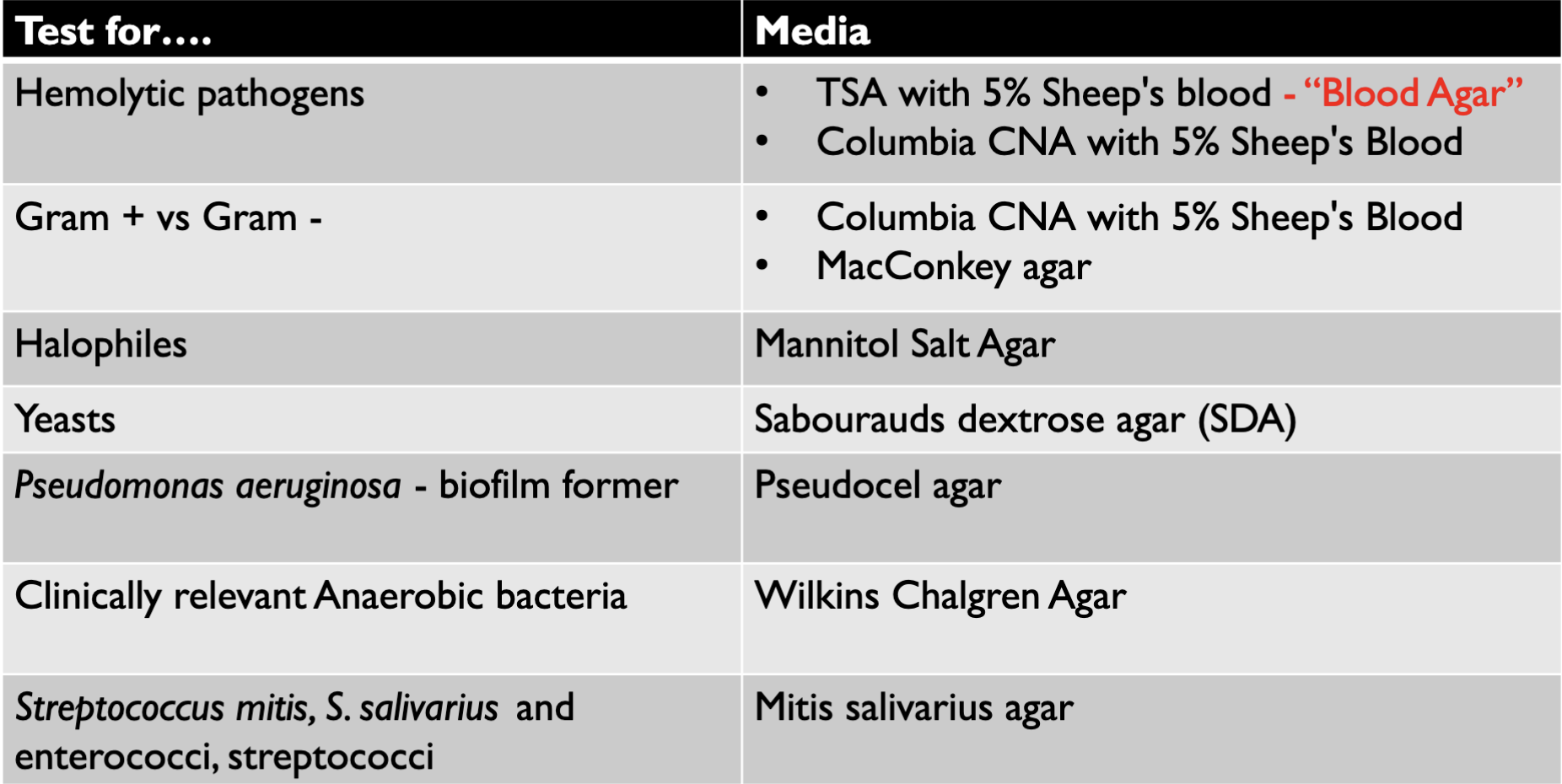 <p>Hemolytic pathogens, Gram + vs Gram -, Halophiles, Yeasts, Pseudomonas aerunginosa, Relevant anaerobic bacteria, Strep mitis, S. Salivarius, enterococci, Streptococci</p>