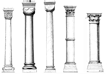 <p> cylindrical or slightly tapering, vertical members made to either give support or to appear to give support. They usually comprise three sections: base, capital, and shaft</p>