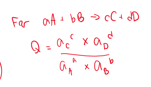 <p>Q </p><p>a of each species is its activity</p><ul><li><p>concentration </p></li></ul><p>OR</p><ul><li><p>Partial pressure (if it’s a gas)</p></li></ul><p>Usually okay to leave it in terms of partial pressure if not given!</p><p></p>