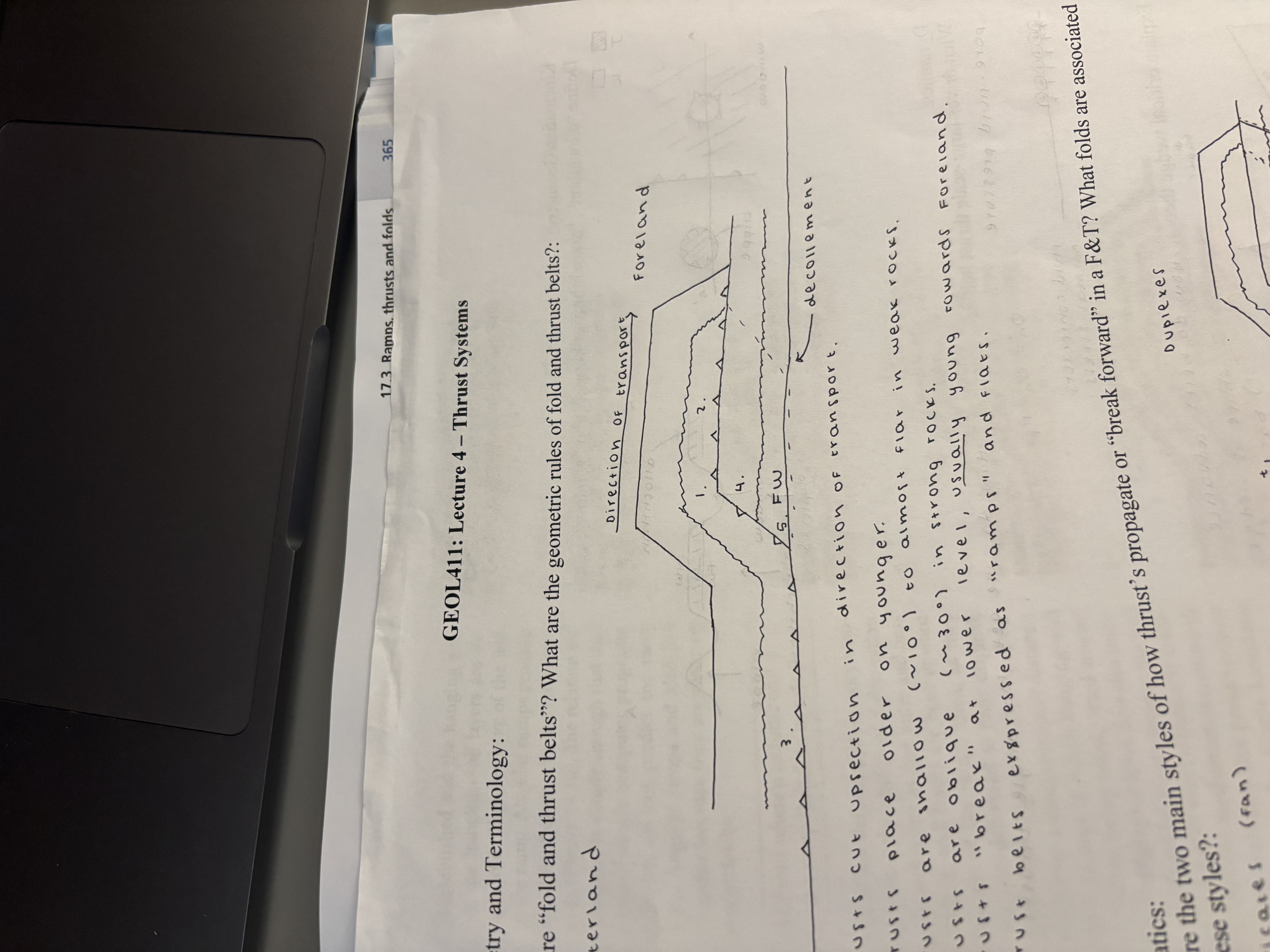 <ol><li><p>Thrusts cut up section in direction of transport</p></li><li><p>Thrusts place older on younger</p></li><li><p>Thrusts are shallow ~10 degrees to almost flat in weak rocks</p></li><li><p>Thrusts are oblique ~30 degrees in strong rocks</p></li><li><p>Thrusts break at lower level, usually young towards foreland</p></li><li><p>Thrusts belts expressed as ramps and flats</p></li></ol><p></p>