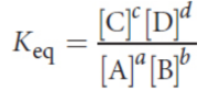 <p>if the system is at equilibrium at a constant temperature, then the following ratio is constant</p><p>The concentrations of pure solids and pure liquids do not appear in the equilibrium constant expression. This is because the equilibrium expression is technically based on the activities of compounds, not concentrations; the activities of pure solids and liquids are defined to be 1. For the purposes of the MCAT, there is a negligible difference between concentration and activity.</p><p>Keq is characteristic of a particular reaction at a given temperature; the</p><p>equilibrium constant is temperature-dependent.</p><p>The larger the value of Keq, the farther to the right the equilibrium position.</p><p>If the equilibrium constant for a reaction written in one direction is Keq, the equilibrium constant for the reverse reaction is 1/Keq.</p>