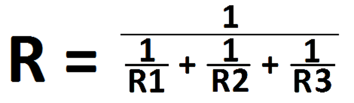 <p>RTotal= 1/((1/r1)+(1/r2)+(1/Rn))</p><p>https://www.allaboutcircuits.com/textbook/direct-current/chpt-5/simple-parallel-circuits/</p>