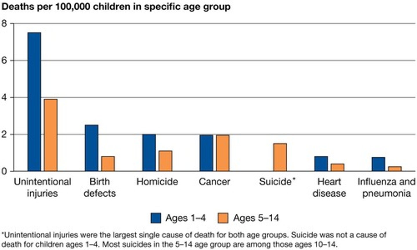 <p>Unintentional injuries are the leading cause of death for children ages 1 to 4 and individuals ages 5 to 14, commonly due to falls, being struck, environmental factors, and motor vehicle accidents.</p>
