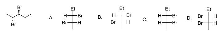 <p>Which of the following is a correct Fischer projection of the following compound?</p><p>A) A</p><p>B) B<br>C) C<br>D) D</p>