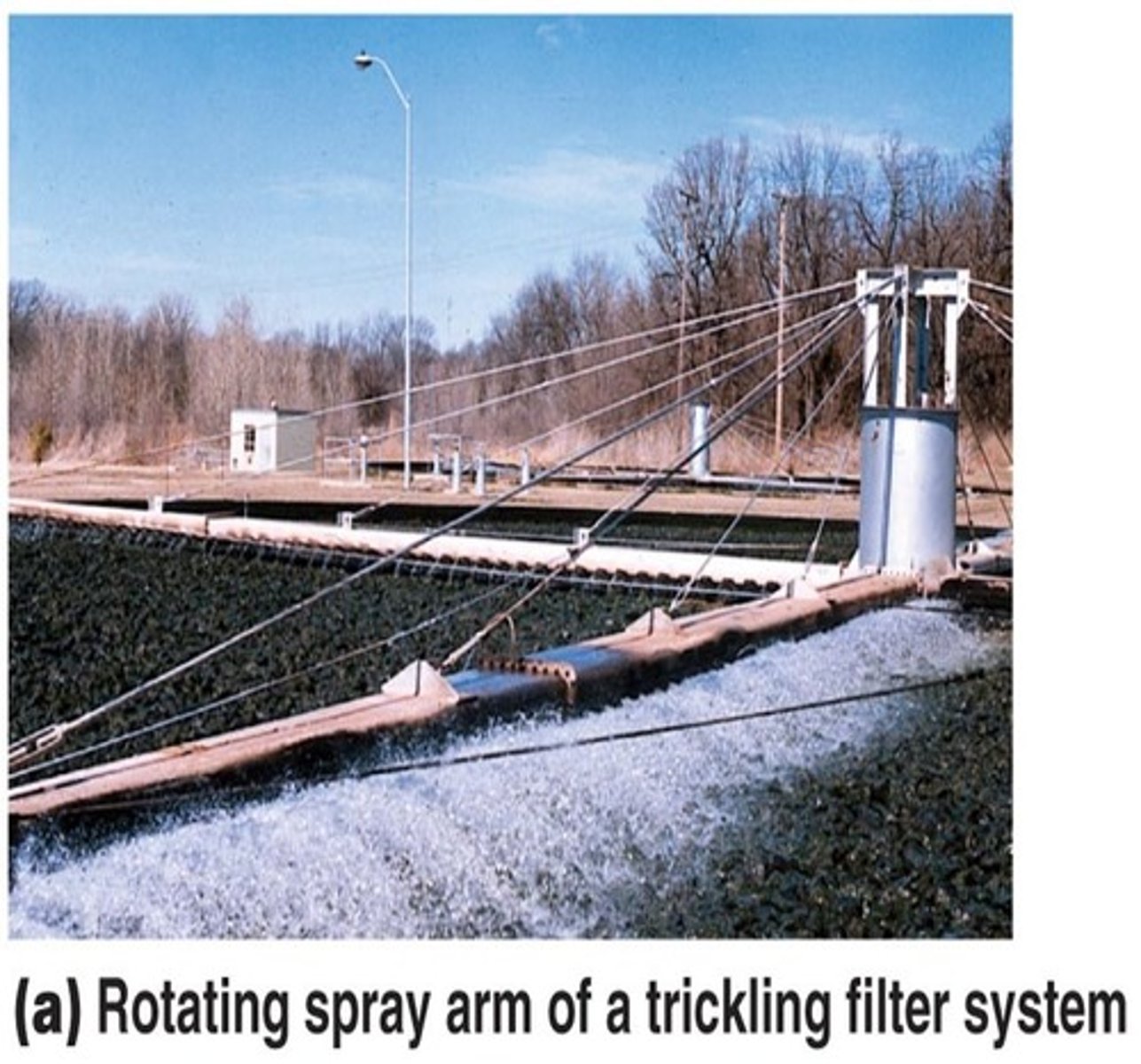 <p>uses a bed of crushed stone<br>primary treatment wastewater is sprayed over it to increase dissolved oxygen</p>