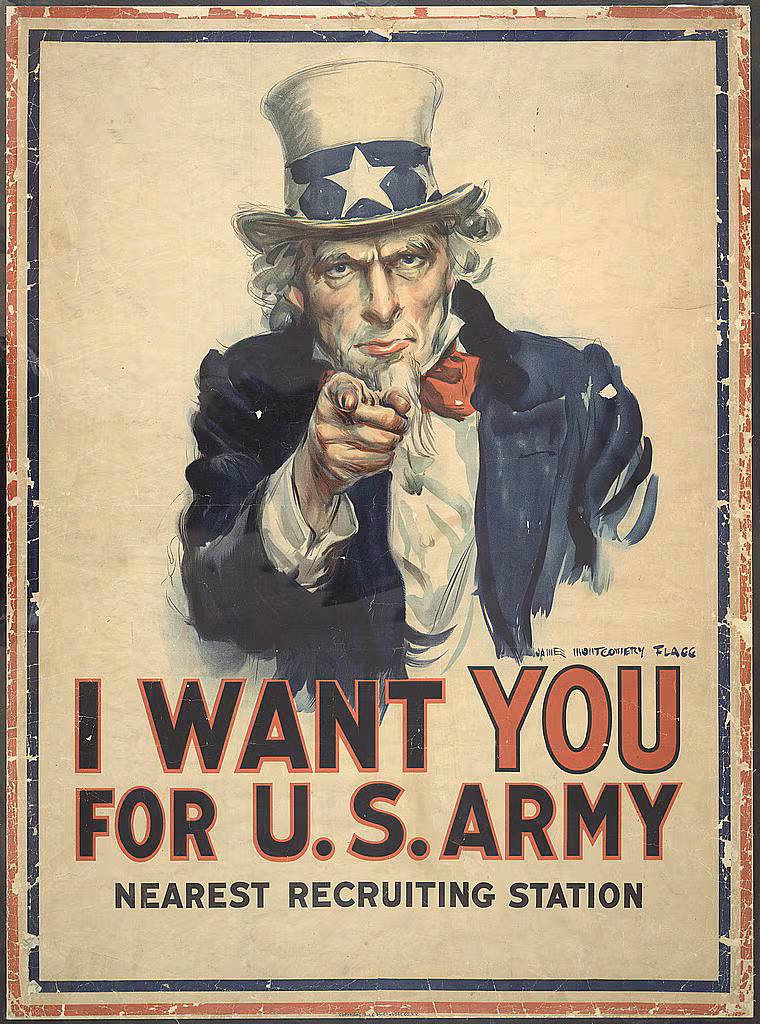 <p><strong>Source Information: </strong>"I Want You for U.S. Army", Propaganda Poster, James Montgomery Flagg, 1917 </p><p><strong>Background: </strong>Designed in 1917 during World War I, this poster depicted Uncle Sam pointing at the viewer and encouraged men to enlist in the U.S. Army.</p>