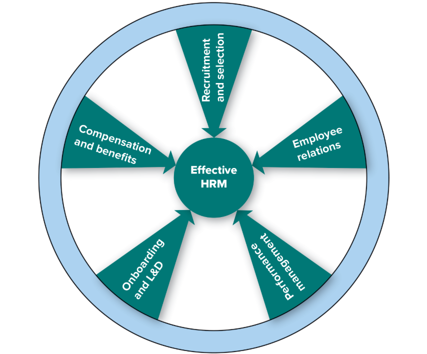 <ol><li><p>Recruitment and selection</p></li><li><p>Compensation and benefits</p></li><li><p>Onboarding and L&amp;D</p></li><li><p>Performance management</p></li><li><p>Employee relations</p></li></ol><p></p>
