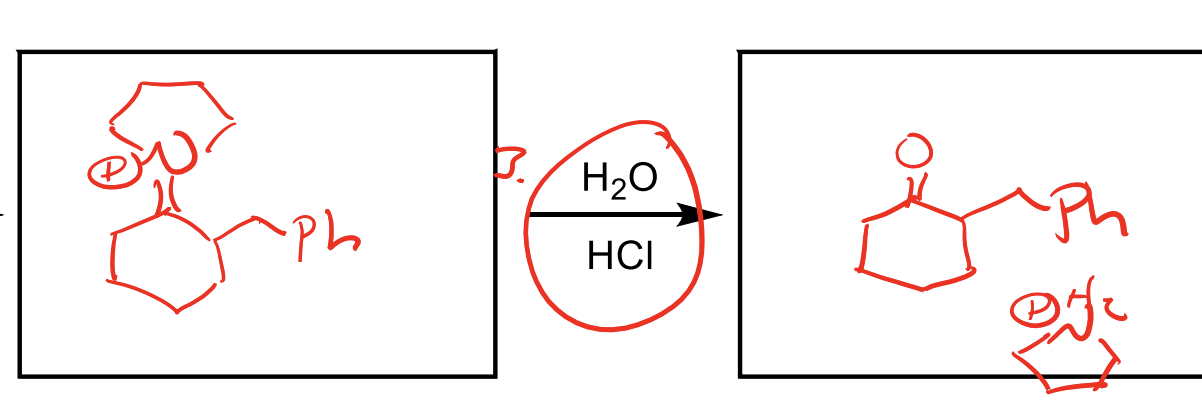 <p>You can reverse an enamine back to a ketone with H2O and HCl.&nbsp;</p><ul><li><p>In this picture you are basically showing the middle of the hydrolizing mechanism so don’t get confused!</p></li></ul><ul><li><p>Remember the mechanisms last step is to deprotonate an alpha hydrogen, so the first step would be to protonate the alpha position by pushing the electrons down from the enamine Nitrogen, then attacking with that H2O the N+…you get the gist. </p></li></ul><p></p>
