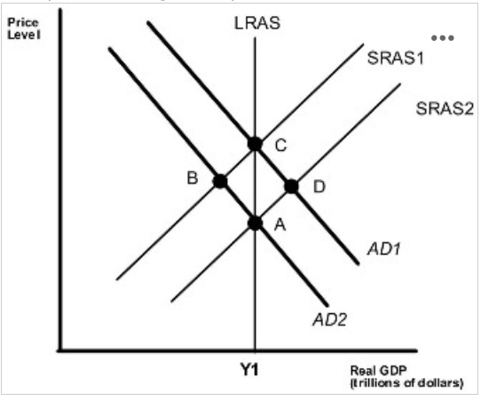 <p>Which of the points in the below graph are possible long run equilibriums?</p><ol><li><p>A and B</p></li><li><p>A and C</p></li><li><p>A and D</p></li><li><p>B and D&nbsp;</p></li></ol><p></p>