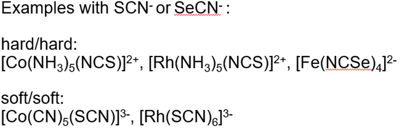 <ul><li><p>In linkage isomerism with ambidentate ligands, the harder/softer donor atom will bond depending on the hardness/softness of the central metal ion </p></li><li><p>A hard ligand can also increase the hardness of the metal ion and attractive more hard ligands and vice versa with a soft ligand. </p></li></ul><p></p>