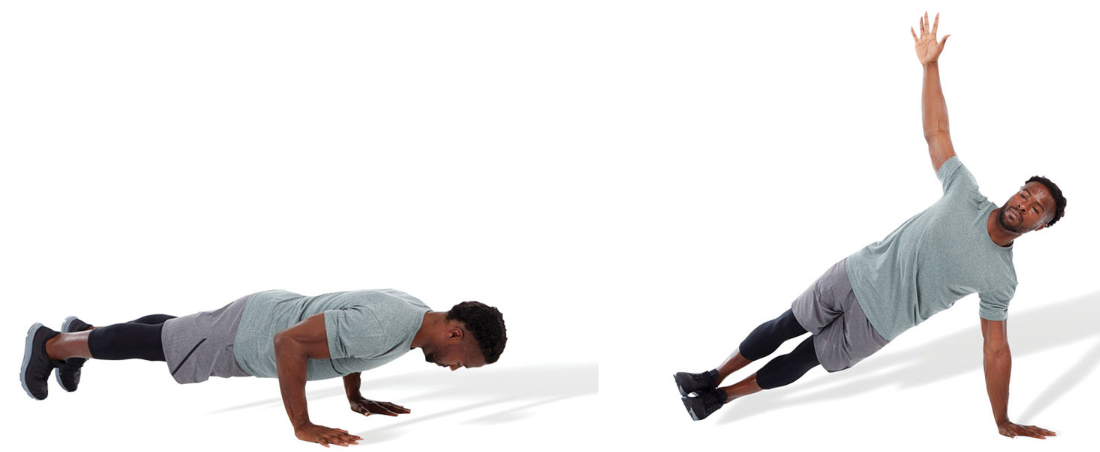 perform a bodyweight push-up with a trunk rotation at the top

keep the abdominals drawn in, chin tucked, and spine in a neutral position throughout the exercise
