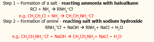 <ul><li><p><span style="background-color: transparent;"><span>can act as a nucleophile in a nucleophilic substitution reaction with a haloalkane</span></span></p></li><li><p><span style="background-color: transparent;"><span>Conditions: </span><strong><span>excess ammonia </span></strong><span>(prevents further substitution of the amine), </span><strong><span>ethanol</span></strong><span> (solvent)</span></span></p></li></ul><p></p>