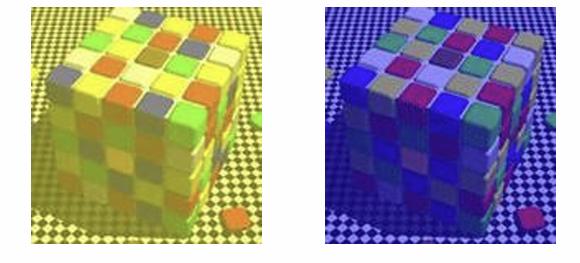 <p>■ The 2 pictures show the same cube in yellow and in blue light. You correctly see the blue facets in the left picture as blue, and the yellow facets in the right picture as yellow. </p><p>■ But the light these facets send to your eyes is the same, as you can see in the next slide, where I hide everything except one blue facet on the left and one yellow facet on the right ...</p><p></p>