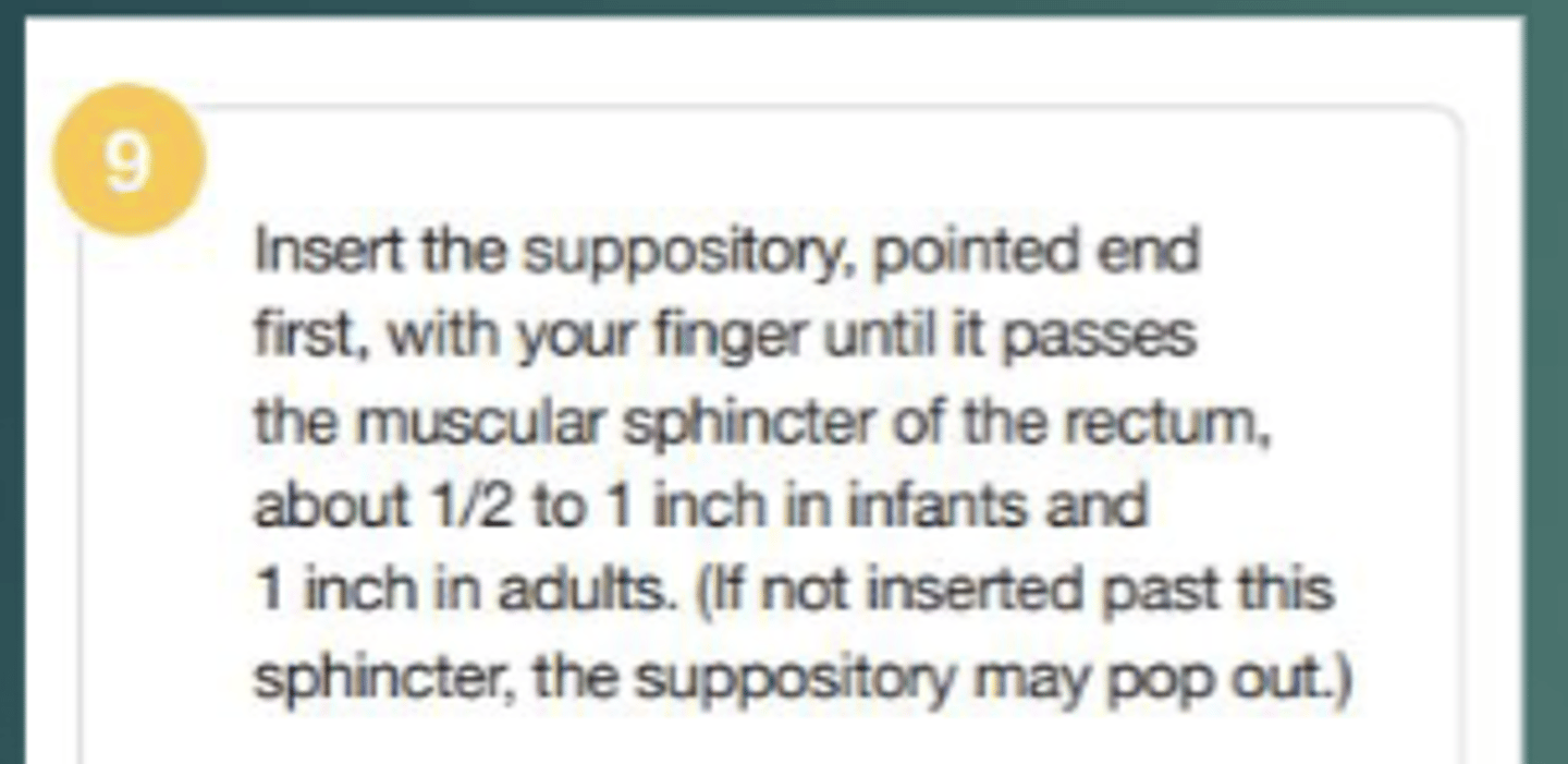 <p>Has to pass muscular sphincter of the rectum</p><p>- Infants: About ½ to 1 inch</p><p>- Adults: 1 inch in adults</p>