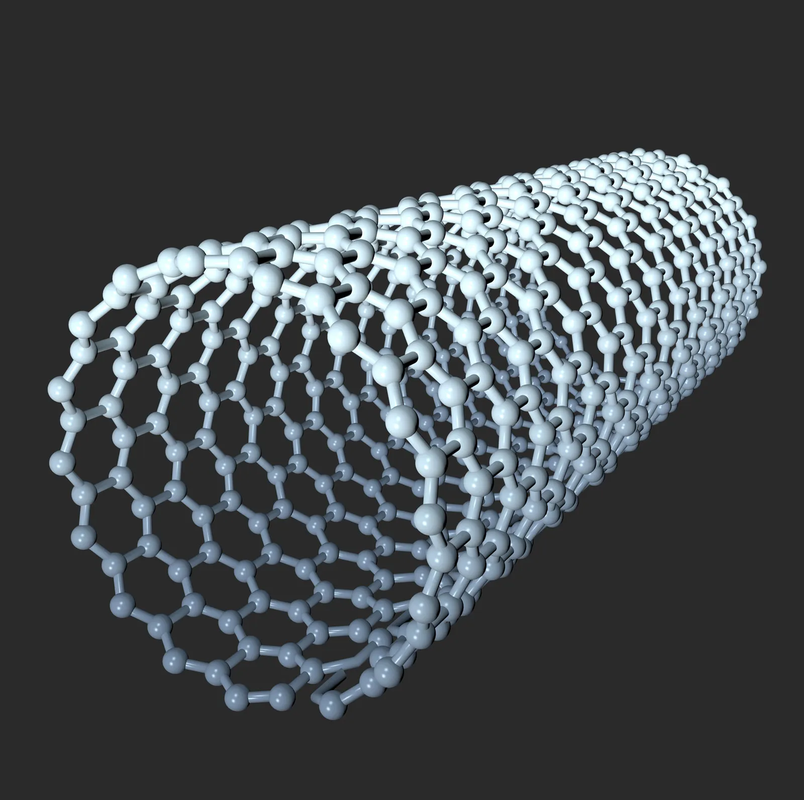 <p>Cylindrical structures of nanomaterials, particularly carbon-based, which exhibit unique electrical properties.</p><p>Nanotubes are usually made of <strong>rolled-up sheets of atoms</strong>:</p><p><strong>Carbon Nanotubes (CNTs):</strong></p><ul><li><p>Formed from <strong>graphene sheets rolled into cylinders</strong>.</p></li><li><p>Can be <strong>Single-Walled (SWCNT)</strong> or <strong>Multi-Walled (MWCNT)</strong>.</p></li></ul><ul><li><p><strong>Properties arise from structure:</strong></p><ul><li><p><strong>Electrical:</strong> Metallic or semiconducting depending on chirality (rolling angle).</p></li><li><p><strong>Mechanical:</strong> Extremely strong and stiff due to <strong>sp² carbon bonds</strong>.</p></li><li><p><strong>Thermal:</strong> Excellent thermal conductivity along the tube axis.</p></li></ul></li></ul><p></p>