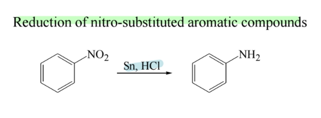 <p><span>Nitrobenzenes reduce to anilines using Sn/HCl or catalytic hydrogenation.</span></p>