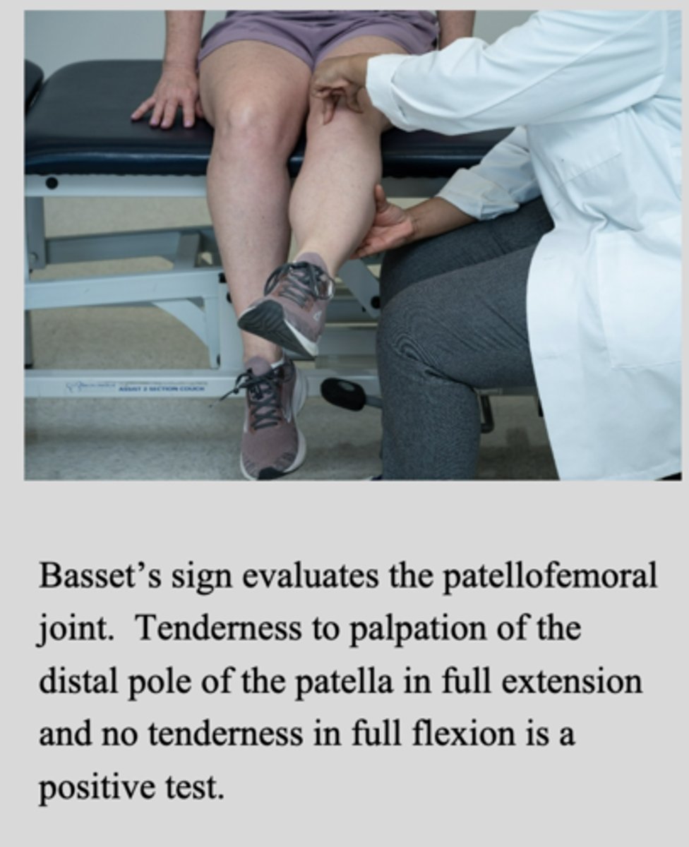 <p>tenderness to palpation at the distal pole of the patella in full extension and no tenderness to palpation at the distal pole of the patella in full flexion --> patellar tendonitis</p>