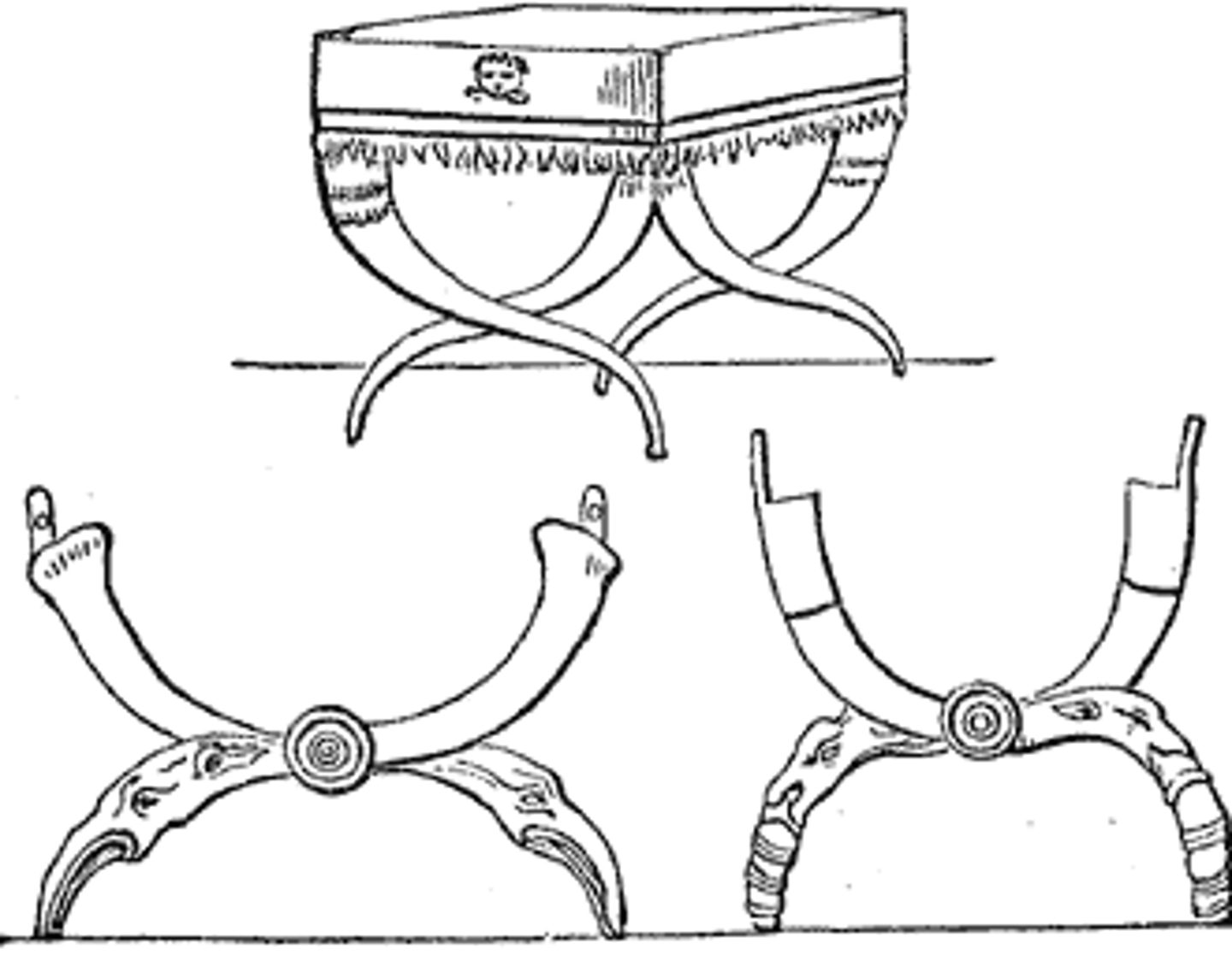 <p>First chair with cushion; x-shaped chair originally a folding stool.</p>