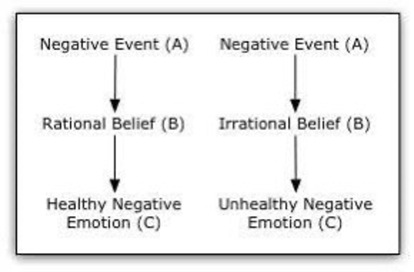 <p>A = activating event eg: death of family <br>B = belief (rational: I lost my job because they were over staffed) (irrational: I lost my job because they hated me)<br>C = consequences of beliefs eg: Rational: positive emotional response <br>or Irrational: negative emotional response leading to depression</p>