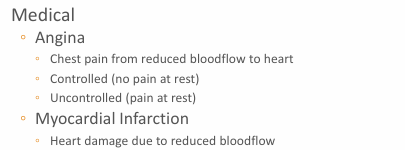 <ul><li><p>controlled - when sitting on a dental chair, ASA 2</p></li><li><p>Uncontrolled - become anxious or climbed up a flight of stairs - ADA 3</p></li><li><p>MI - irreversible </p></li></ul><p></p>