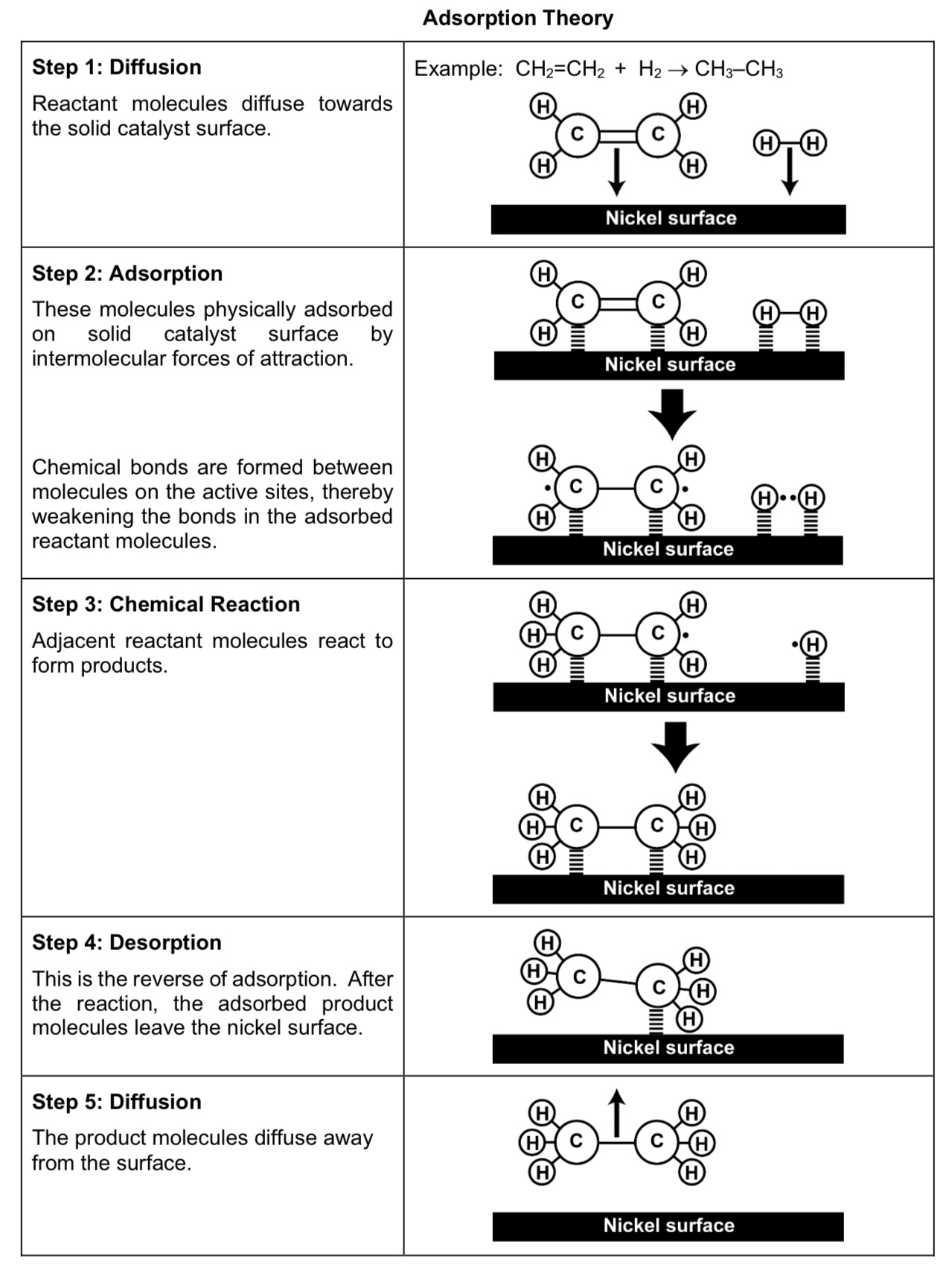 <p>1) Reactant molecules diffuse towards solid catalyst surface.</p><p>2) The molecules physically adsorb onto solid catalyst surface by IMF. Chemical bonds are formed between molecules on active sites, which weakens the intramolecular bonds in the adsorbed reactant molecules.</p><ul><li><p>adsorption weakens covalent bonds within reactant molecules</p></li><li><p>adsorption increases conc of reactant molecules</p></li></ul><p>3) Adjacent reactant molecules react to form products.</p><p>4) After the reaction, the adsorbed product modules leave the catalyst surface.</p><p>5) The product molecules diffuse away from the catalyst surface.</p>