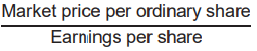 \
* The number of times earnings per ordinary share that an investor is prepared to pay to purchase an ordinary share in the company.
* Interpretation
  * A high price earnings ratio (compared to industry average) indicates investors believe good future economic growth or is overconfident
  * A low price earnings ratio indicates that investors believe the company has poor profit growth prospects or is underconfident.