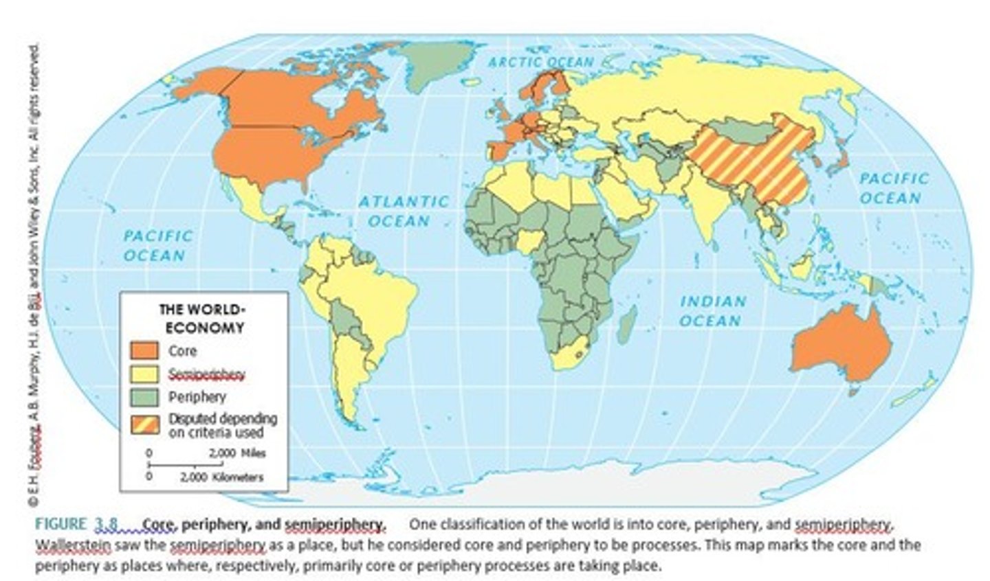 <p>Countries that exploit peripheral countries for their natural resources and cheap labor.</p>