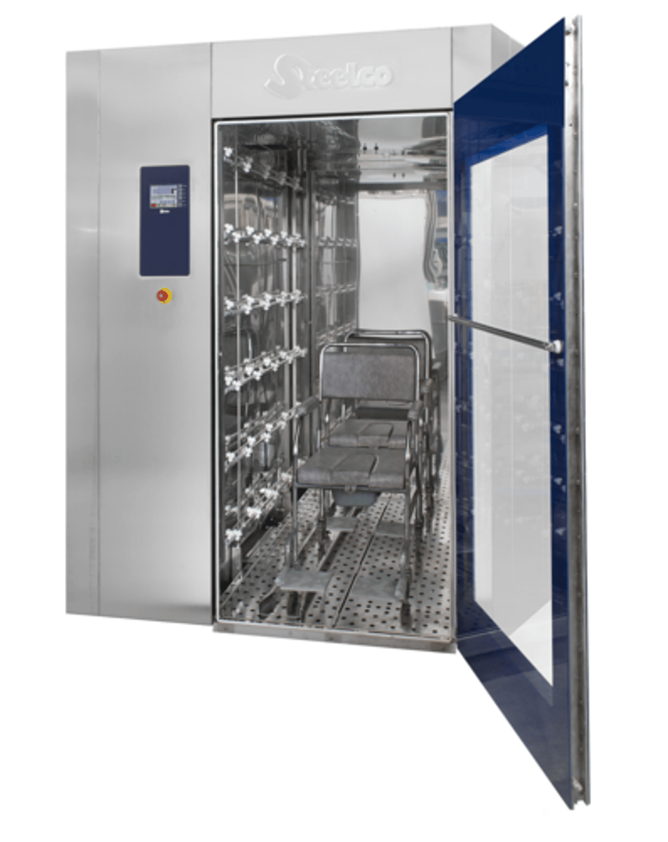 <p>mechanical cleaners initially designed to clean carts, but some can process rigid containers & other items; similar to automated instrument washers, but work on a larger scale</p>