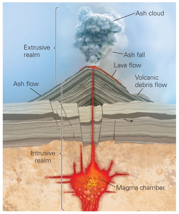 <p><strong>Extrusive:</strong> above surface (ex. lava) → cools on surface</p><p><strong>Intrusive:</strong> below surface (ex. magma) → cools below surface</p>
