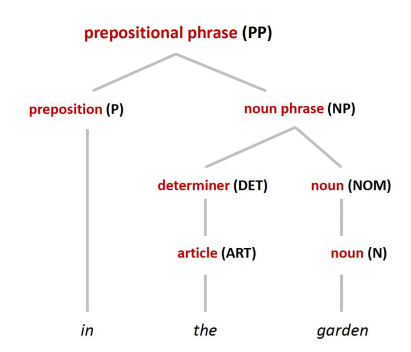 <p>Prepositions as head.</p><p>I’m going </p><p>Modifiers </p><ul><li><p>noun phrases, e.g. in a room</p></li><li><p>prepositional phrases, e.g. up on the plateau </p></li><li><p>degree adverbs, e.g. just inside the door</p></li></ul><p></p>