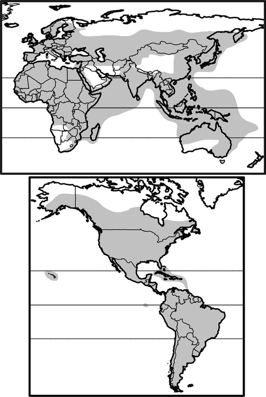 cosmopolitan (n and s america, eurasia, africa, australia)