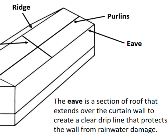 <p>section of roof that extends over curtain wall to create drip line to protect wall from water damage</p>